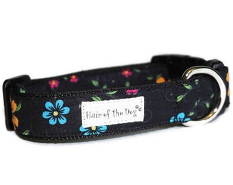 Pretty Flowers on Black DoG Collar,handmade dog collar,fun dog collar,flower dog collar,girl dog collar,cute dog collar,dog collar