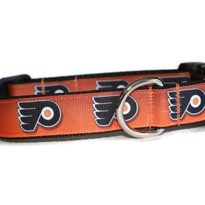 May include: Orange and black dog collar with a repeating pattern of the Philadelphia Flyers logo.