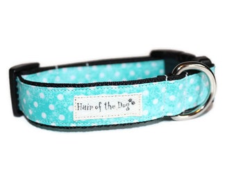 Collar para perro turquesa con lunares blancos, collar turquesa para perro, collar divertido para perro, collar de lunares para perro, collar para perro hecho a mano, collar para perro niño