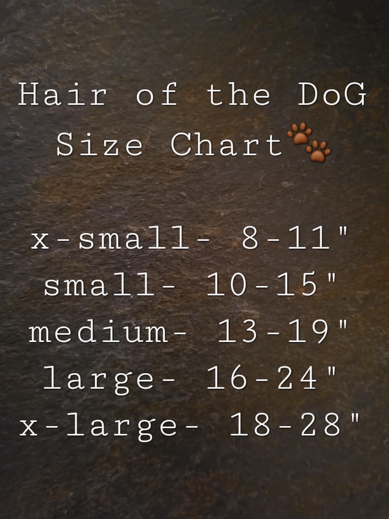 Puede incluir: Una tabla de tallas para el pelo de perro, que muestra el tama&ntilde;o del cuello en pulgadas para diferentes tallas: extra peque&ntilde;o (8-11 pulgadas), peque&ntilde;o (10-15 pulgadas), mediano (13-19 pulgadas), grande (16-24 pulgadas) y extra grande (18-28 pulgadas).