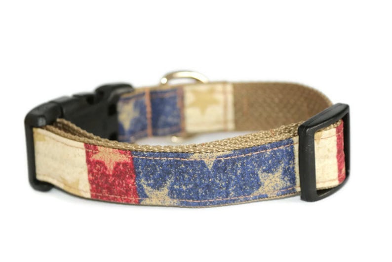 May include: A tan dog collar with a red, white, and blue distressed American flag print. The collar has a black plastic buckle.
