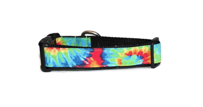 May include: A black dog collar with a tie-dye pattern in shades of blue, green, red, and yellow.