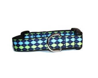 Blue and Green Argyle dog collar,dog collar,boy dog collar,hand made dog collar,fun dog collar,argyle plaid dog collar,colorful dog collar