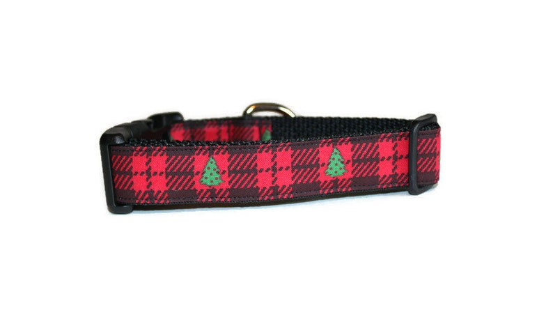 May include: Red and black tartan dog collar with green Christmas trees.