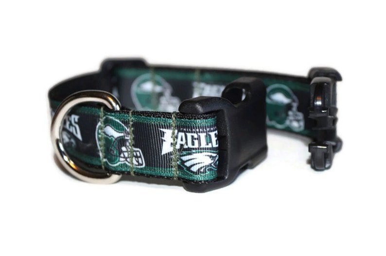 Puede incluir: Un collar de perro negro y verde con un anillo en D plateado y una hebilla de pl&aacute;stico negro. El collar presenta un patr&oacute;n repetido de logotipos de los Philadelphia Eagles en verde y blanco, incluyendo el nombre del equipo y un casco de f&uacute;tbol.