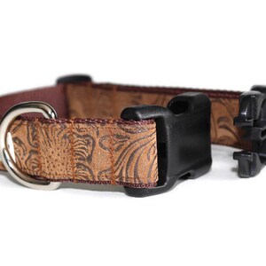 May include: A brown dog collar with a floral pattern and a black buckle. The collar has a silver D-ring and the text "Paw of the Day" is printed on the white portion of the collar.