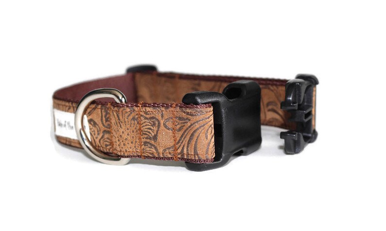 May include: A brown dog collar with a floral pattern and a black buckle. The collar has a silver D-ring and the text "Paw of the Day" is printed on the white portion of the collar.