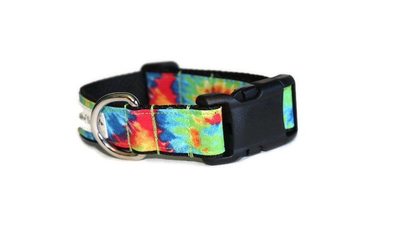 May include: A colorful tie-dye dog collar with a black plastic buckle and a silver metal D-ring.