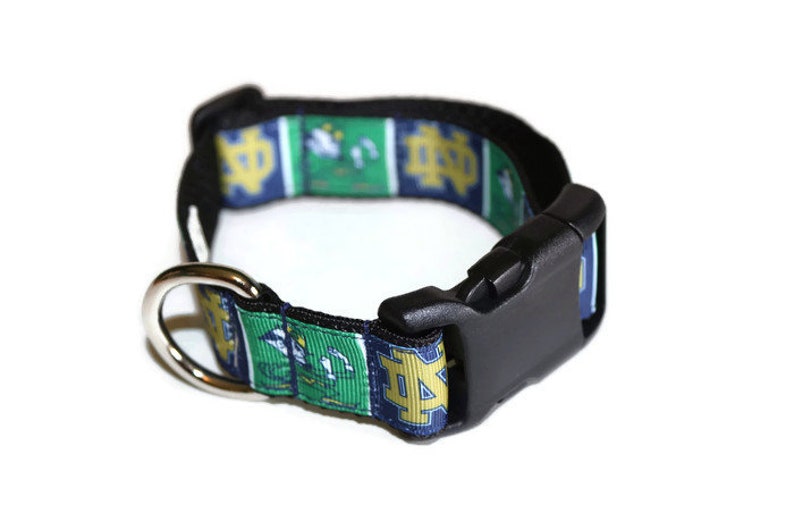 May include: A blue, green, and gold dog collar with a black buckle and a silver D-ring. The collar features a repeated pattern of a mascot and the letters "ND".