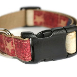 May include: A red, white, and blue patterned dog collar with a black plastic buckle.