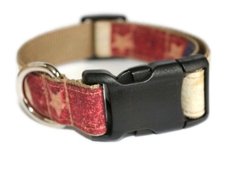 May include: A red, white, and blue patterned dog collar with a black plastic buckle.