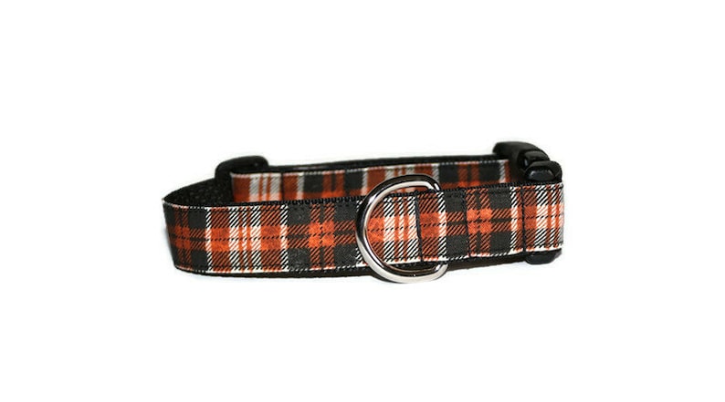 May include: A black and orange plaid dog collar with a silver metal D-ring.