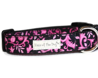 Pink Flower Vine Swirl DoG Collar,handmade dog collar,pink dog collar,girl dog collar,fun dog collar,cute dog collar,fabric dog collar