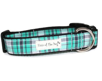 Ocean Breeze Plaid DoG Collar,handmade dog collar,plaid dog collar,teal dog collar,cute dog collar,fun dog collar,dog collar,girl dog collar
