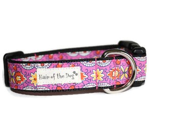 May include: Pink dog collar with a floral pattern and black trim. The collar has a silver D-ring and a label that reads "Hair of the Dog".