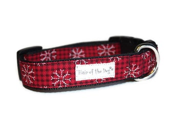 Red/Black Homespun with White Snowflakes DoG Collar,red dog collar,winter dog collar,Christmas dog collar,plaid dog collar,snowflake collar