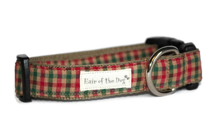 Homespun Red/Green/Tan Plaid Dog Collar, Checked Dog Collar, Christmas Collar, Handmade Collar, Red Collar, Cute Collar, Dogcollar