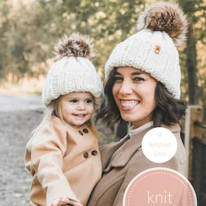 May include: A knit hat pattern for 8 sizes. The pattern includes instructions for making a white knit hat with a brown faux fur pom pom. The image shows a woman and a child wearing the hats.
