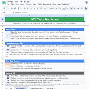 May include: A digital spreadsheet interface titled GTD Tasks Dashboard with a green header. The layout includes sections for Quick Start, Tasks Dashboard Tab, Due Date Colors, and Archive Tab, using blue and gray headers for organization.