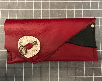 Coin Purse, Red Leather with Black Accent,  Steampunk coin purse, Handmade Leather  Coin Wallet