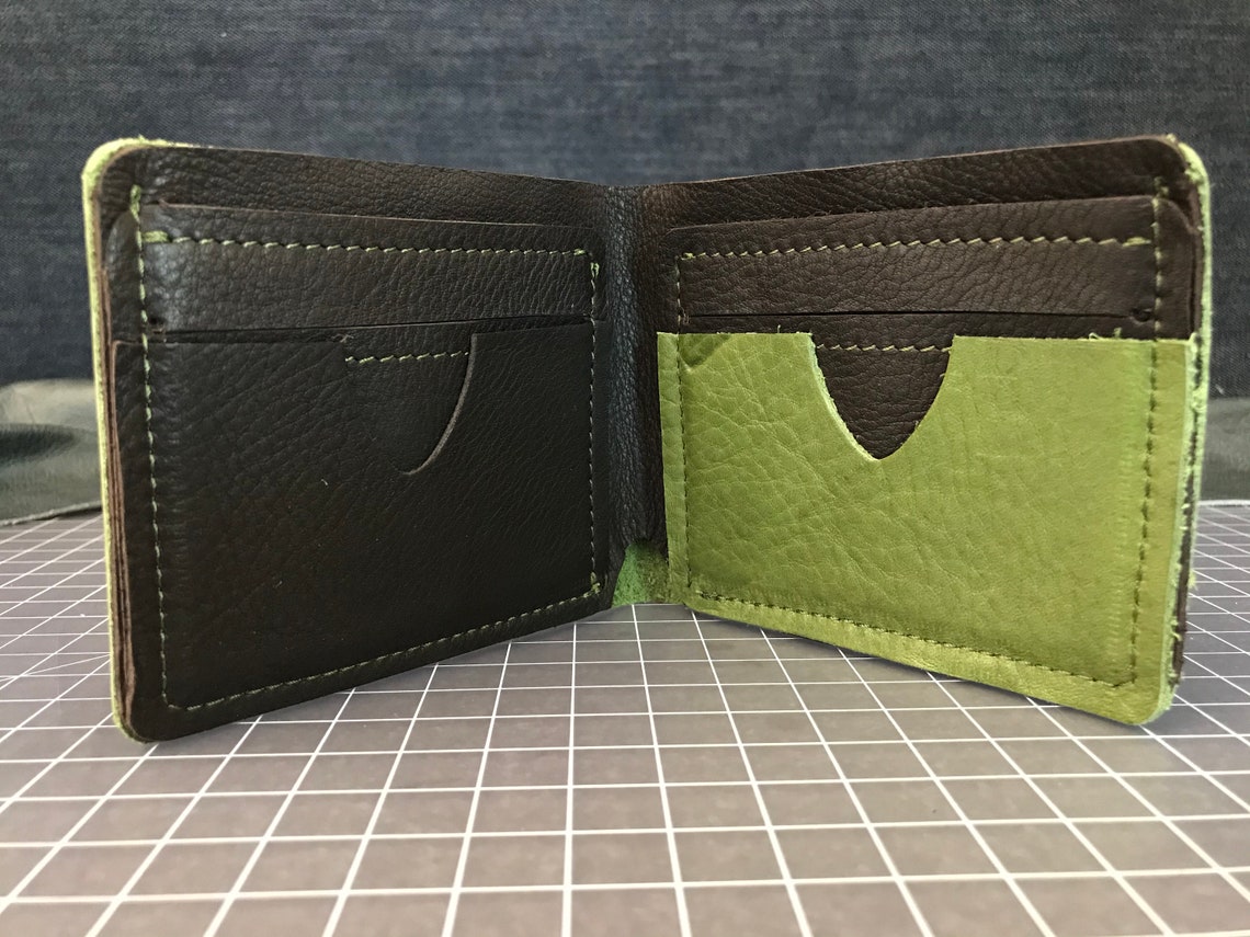 Bifold Leather Wallet, Olive Green & Black two tone Leather Wallet
