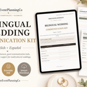 May include: A digital bilingual wedding communication kit in English and Spanish featuring 18 pages of scripts, wording planners, and guest communication tools. The document includes a Ceremony Wording Planner and Ceremony Script & Reader Cues.
