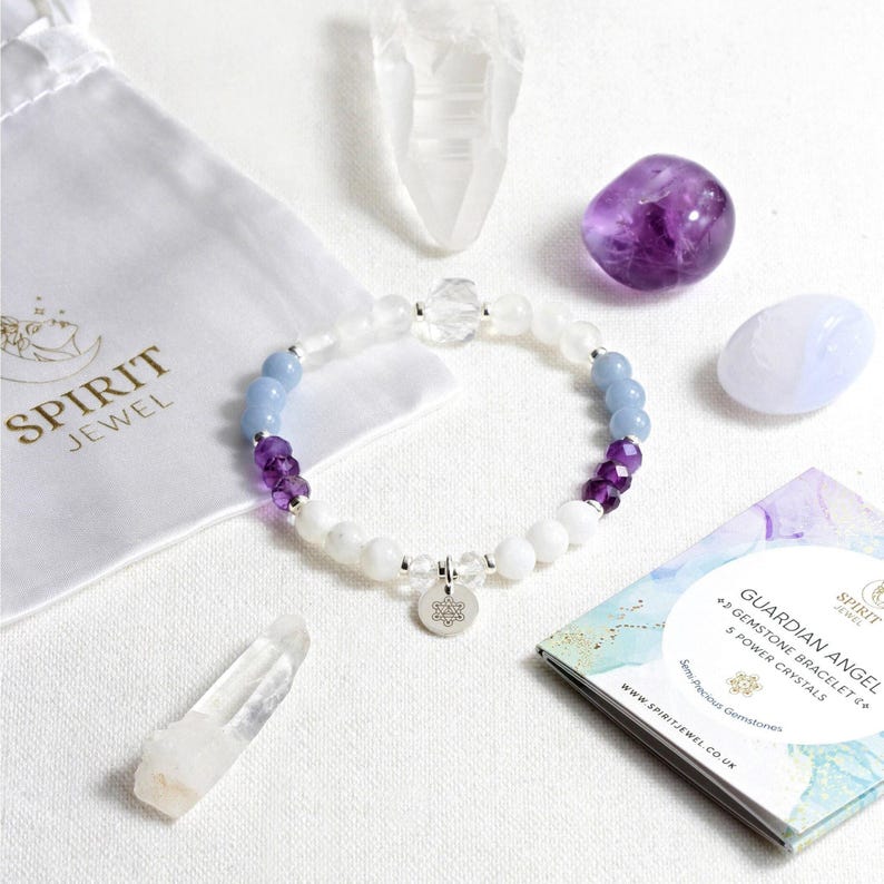 Personalised Guardian Angel Gemstone Bracelet: Natural Healing Crystals, 925 Sterling Silver, Angelite, Amethyst, Moonstone, Selenite image 3
