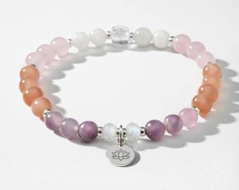 Personalised Menopause Gemstone Bracelet: Natural Healing Crystals, 925 Sterling Silver, Peach Moonstone, Lepidolite, Rose Quartz, Moonstone