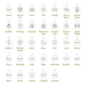 a collection of 24 charms, each representing a different spiritual symbol or concept. These charms are arranged in a grid format, with 6 rows and 4 columns. The charms include symbols such as a tree of life, lotus, infinity, eye of horus, Buddha, Yin Yang, triqueta, metamorphosis, seed of life, eternal knot, angel wings, feather, fertility, spiral, moon, star, love, dream, peace, strength, calm, hope, gratitude, empathy, and sister.