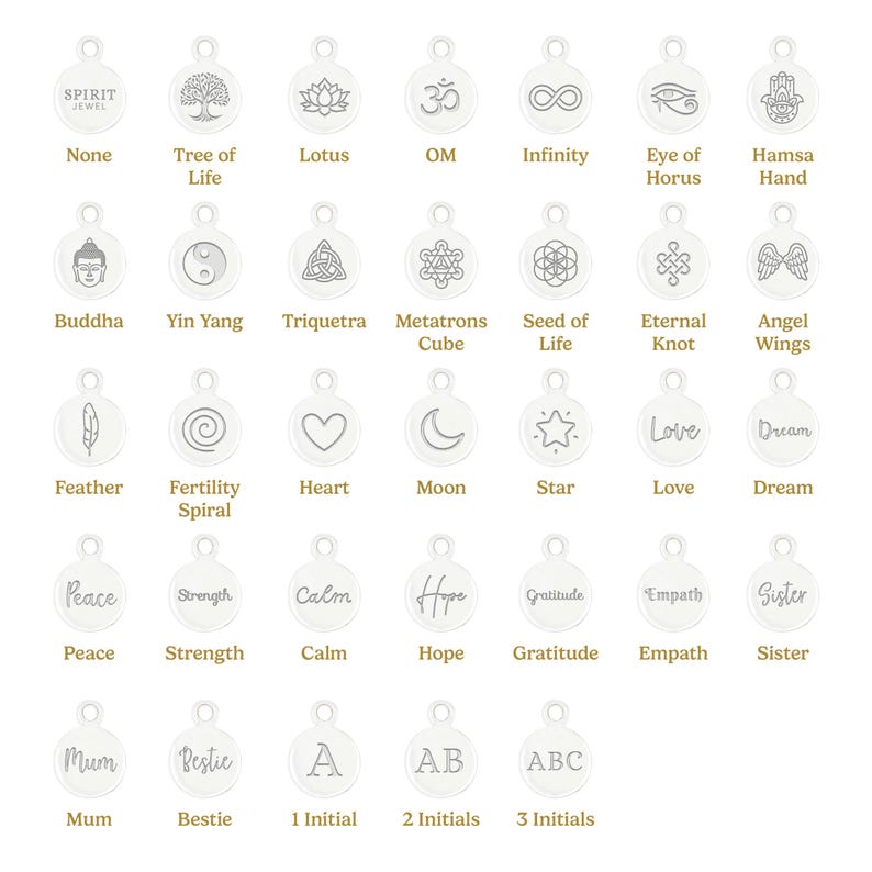 a collection of 24 charms, each representing a different spiritual symbol or concept. These charms are arranged in a grid format, with 6 rows and 4 columns. The charms include symbols such as a tree of life, lotus, infinity, eye of horus, Buddha, Yin Yang, triqueta, metamorphosis, seed of life, eternal knot, angel wings, feather, fertility, spiral, moon, star, love, dream, peace, strength, calm, hope, gratitude, empathy, and sister.