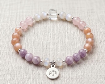 Menopause Bracelet Personalised, Moonstone & Lepidolite Healing Crystal Bracelet, Sterling Silver, Menopause Support Gift for Her