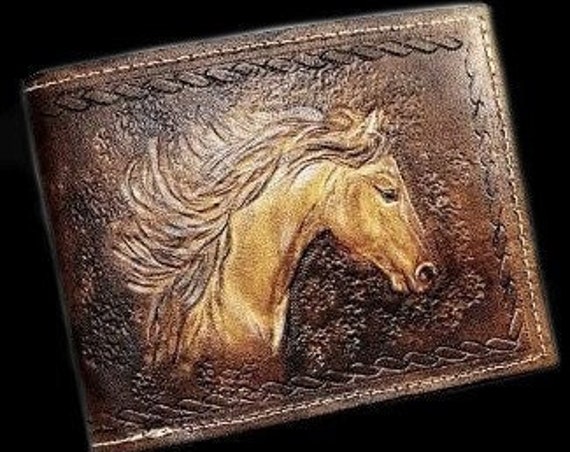 genuine leather wallet, horse engraving, leather wallet, horse,