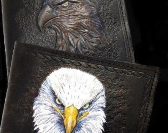 leather wallet, leather interior, eagle engraving