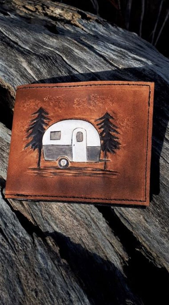 Leather wallet, Boler, small trailer, hand engraving, gift man