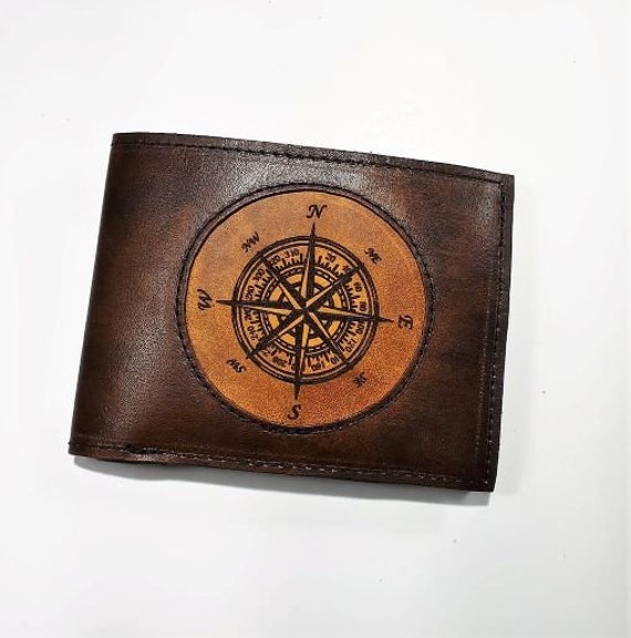 men's leather wallet, multi pouches, laser engraving, compass, compass rose, men's gift, personalized wallet