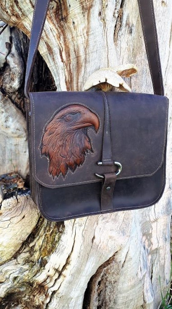 brown leather bag, original, shoulder strap, engraving, gift