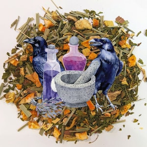 May include: A watercolor illustration of a mortar and pestle with two black ravens and three glass bottles filled with purple and blue liquids. The background is a mix of green and yellow herbs.