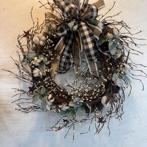 Berry Lambs Ear Wreath, Farmhouse Buffalo Plaid Ribbon image 20
