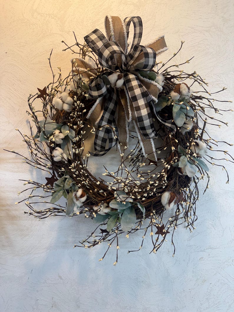 Berry Lambs Ear Wreath, Farmhouse Buffalo Plaid Ribbon image 20
