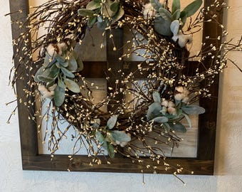 Berry Wreath Cotton lambs Ear Greenery on Wood Frame