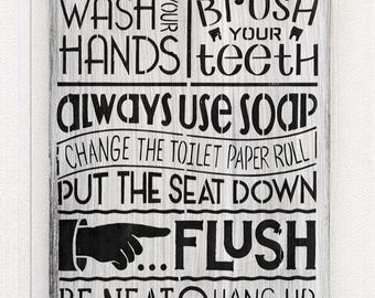 Farmhouse Bathroom Rules Sign – Distressed Wood Wall Decor, Black White Rustic Sign