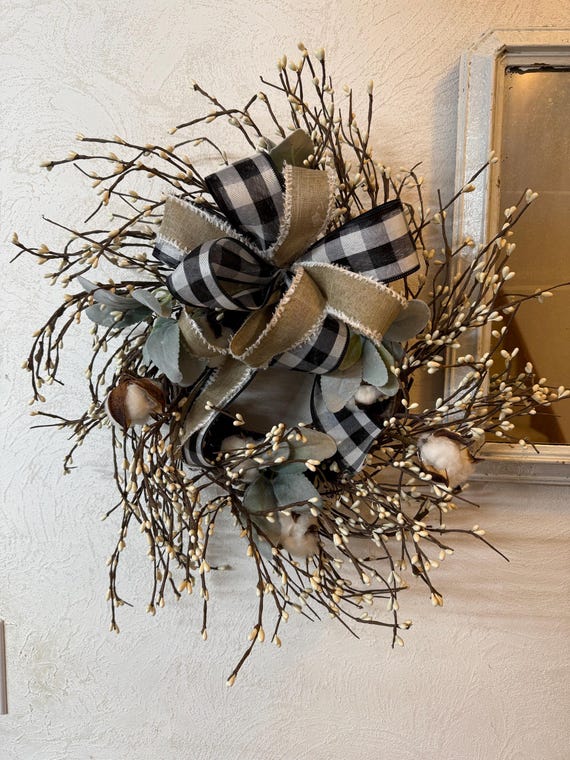 Berry Lambs Ear Wreath, Farmhouse Buffalo Plaid Ribbon