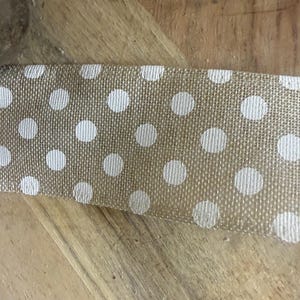 May include: Close-up of a tan burlap ribbon with a repeating pattern of white polka dots. The ribbon is lying on a wooden surface. The ribbon is likely used for crafts, gift wrapping, or decorative purposes.