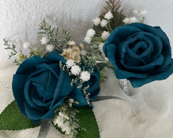 Dark Teal Corsage and Boutonnière, Wedding Corsage, Wedding Boutonnière, Prom Corsage, Prom Boutonnière