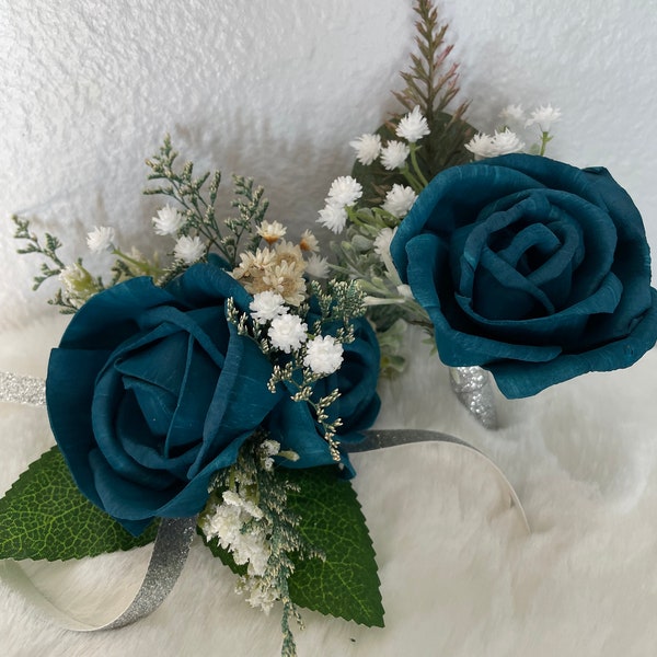 Dark Teal Corsage and Boutonnière, Wedding Corsage, Wedding Boutonnière, Prom Corsage, Prom Boutonnière