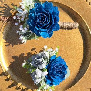 Blue Boutonnières and Corsage wood flowers, Blue and Silver Color, Prom, Wedding, Graduation, Grooms and Groomsmen