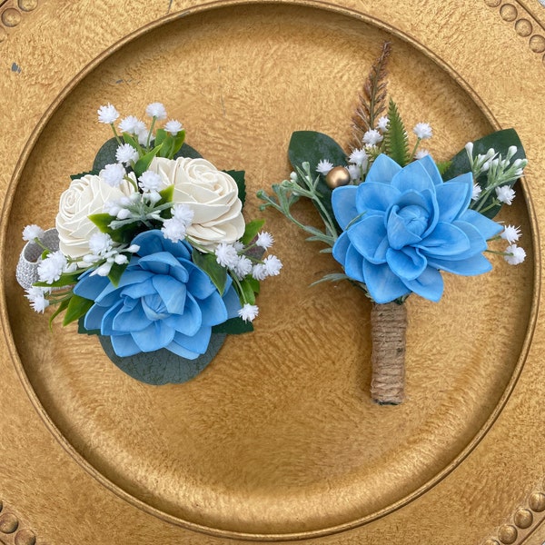 Baby Blue Wood Flower Boutonnières and Corsage, for Prom Corsage, Wedding Corsage, Groom and Groomsmen