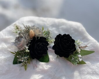 Black & Silver Sola Wood Flower Corsage and Boutonnière Set