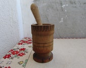 Vintage Wooden Mortar and Pestle Set 70s, Spice Medicine Herb Nuts Grinder, Rustic Hand Tooled Mortar for Spices, Wooden Decor, Souvenir