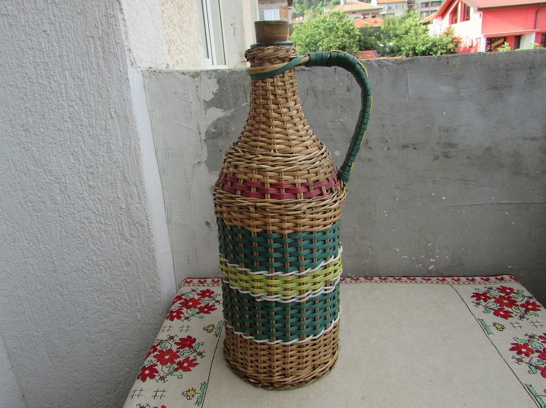 Vintage Hand Blown Glass Carboy Demijohn, Wicker and Plastic Covered